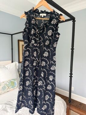 Sea Navy and White Floral Ruffle-Trim Midi Dress